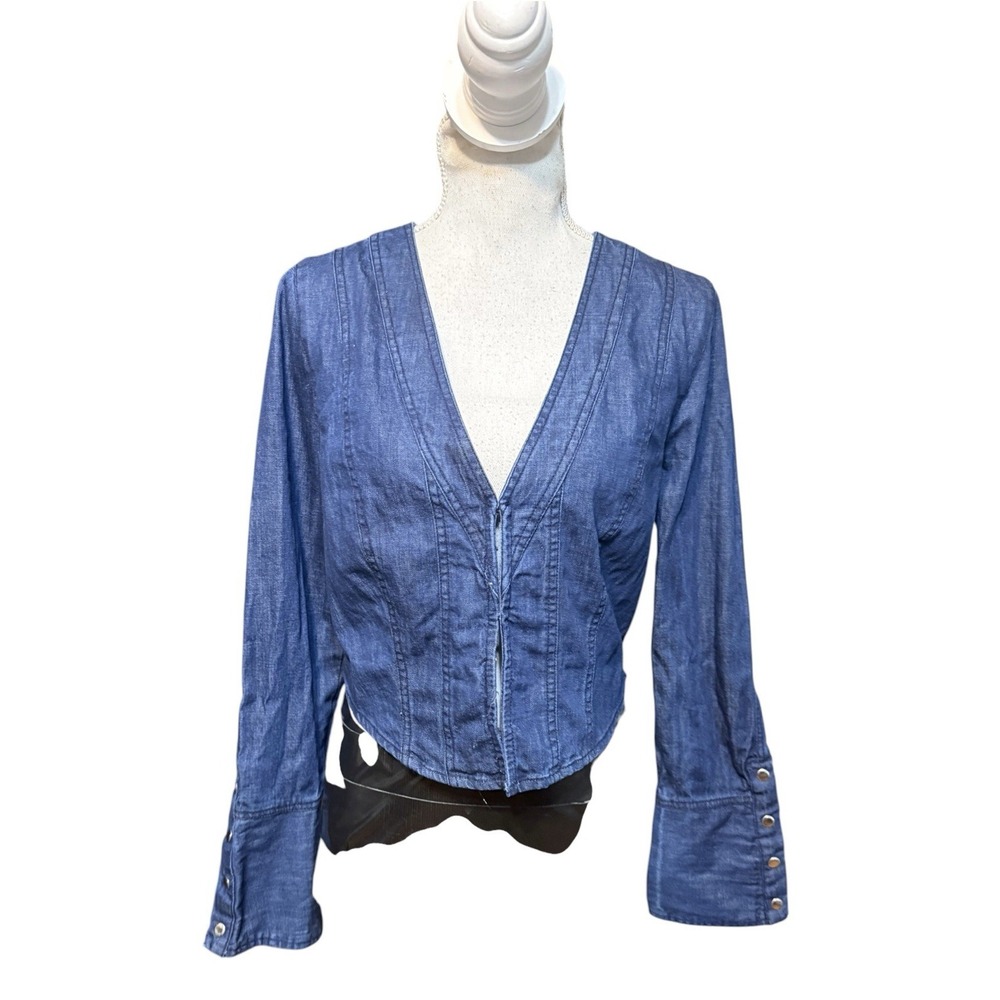 Free People Caroline Denim Top Women's S Blue Corset V-Neck Flare Sleeve - Picture 2 of 6
